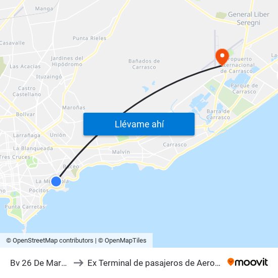 Bv 26 De Marzo - Marco Bruto to Ex Terminal de pasajeros de Aeropuerto Internacional de Carrasco M map