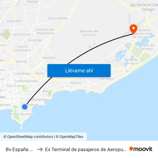 Bv España Y Carlos Berg to Ex Terminal de pasajeros de Aeropuerto Internacional de Carrasco M map