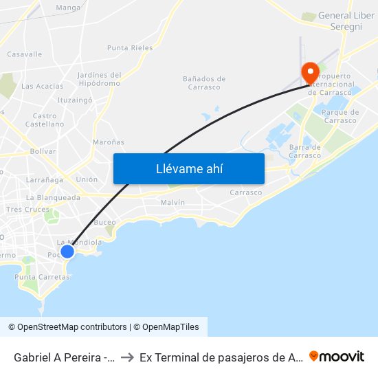 Gabriel A Pereira - Pedro F Berro Falta 145 to Ex Terminal de pasajeros de Aeropuerto Internacional de Carrasco M map