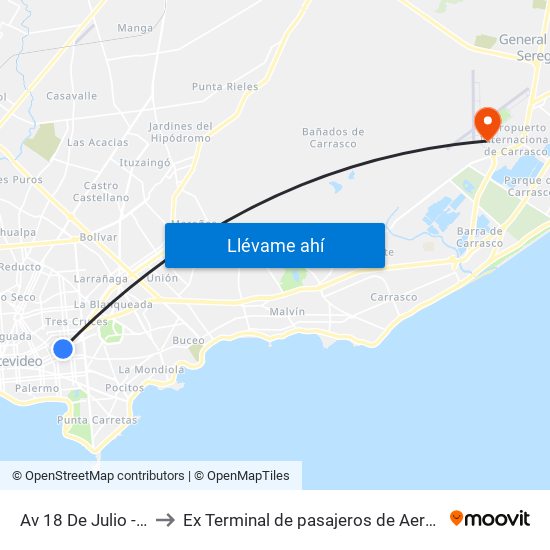 Av 18 De Julio - Dr Pablo De Maria to Ex Terminal de pasajeros de Aeropuerto Internacional de Carrasco M map