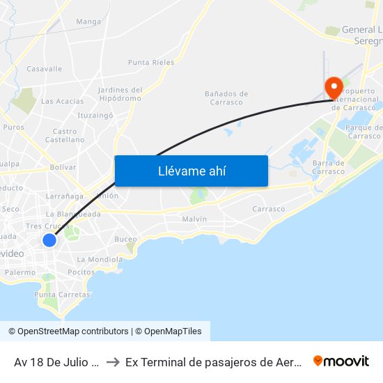 Av 18 De Julio Y Mario Cassinoni to Ex Terminal de pasajeros de Aeropuerto Internacional de Carrasco M map