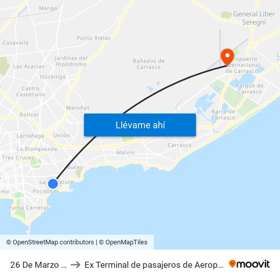 26 De Marzo - Felix Buxareo to Ex Terminal de pasajeros de Aeropuerto Internacional de Carrasco M map