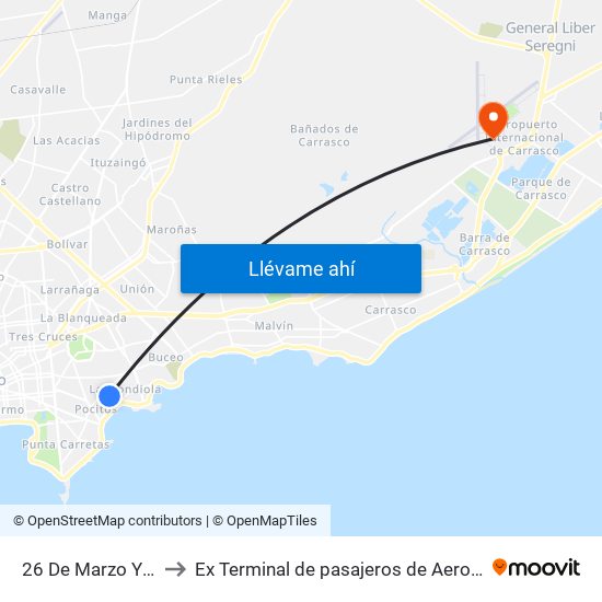 26 De Marzo Y Manuel V Pagola to Ex Terminal de pasajeros de Aeropuerto Internacional de Carrasco M map