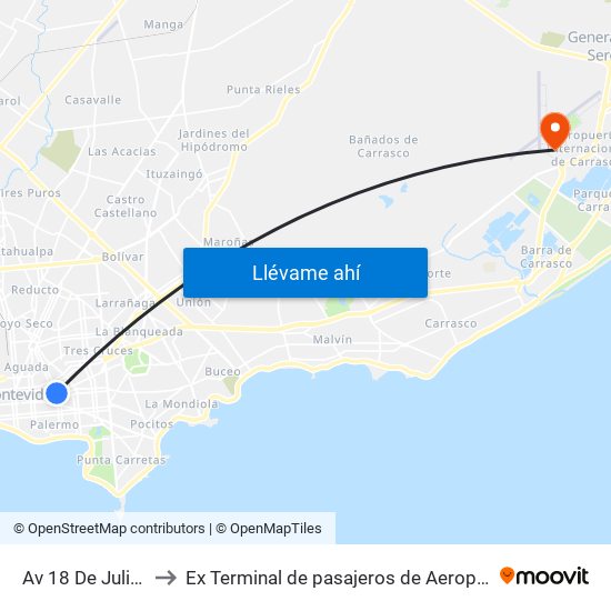Av 18 De Julio Y Magallanes to Ex Terminal de pasajeros de Aeropuerto Internacional de Carrasco M map