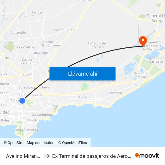 Avelino Miranda Y Gral Urquiza to Ex Terminal de pasajeros de Aeropuerto Internacional de Carrasco M map