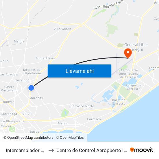 Intercambiador Belloni Andén 4 to Centro de Control Aeropuerto Internacional de Carrasco map