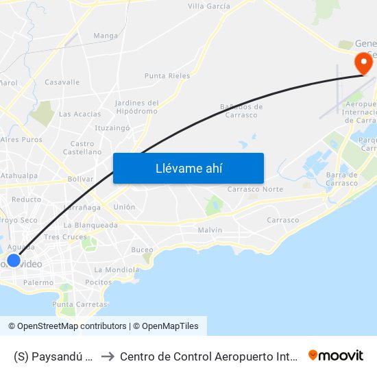 (S) Paysandú & Paraguay to Centro de Control Aeropuerto Internacional de Carrasco map