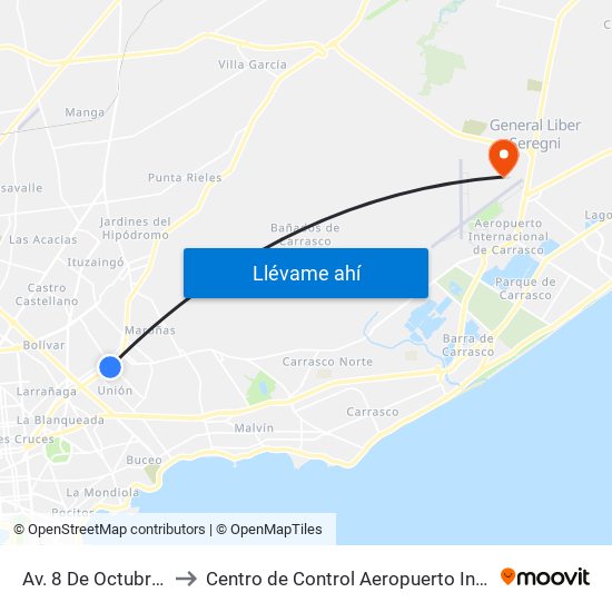 Av. 8 De Octubre & Larravide to Centro de Control Aeropuerto Internacional de Carrasco map
