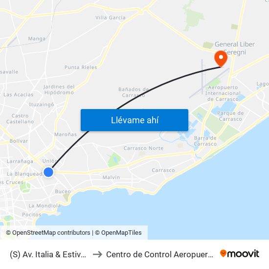 (S) Av. Italia & Estivao (Batlle Y Ordóñez) to Centro de Control Aeropuerto Internacional de Carrasco map