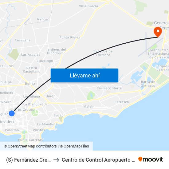 (S) Fernández Crespo & Miguelete to Centro de Control Aeropuerto Internacional de Carrasco map
