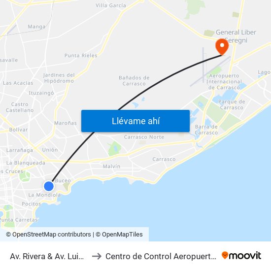 Av. Rivera & Av. Luis Alberto De Herrera to Centro de Control Aeropuerto Internacional de Carrasco map