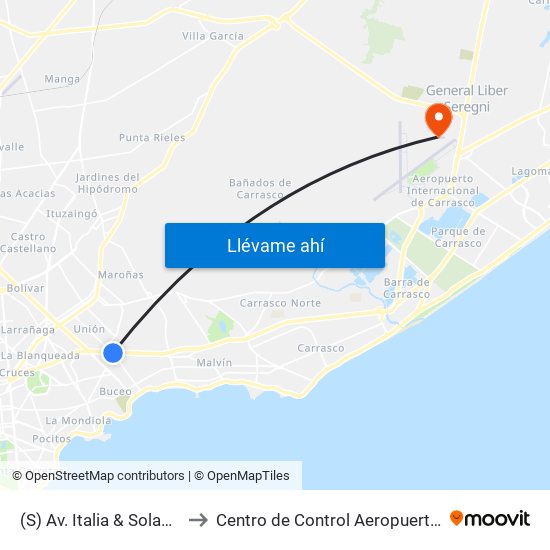 (S) Av. Italia & Solano López (Comercio) to Centro de Control Aeropuerto Internacional de Carrasco map