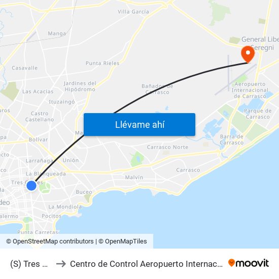(S) Tres Cruces to Centro de Control Aeropuerto Internacional de Carrasco map