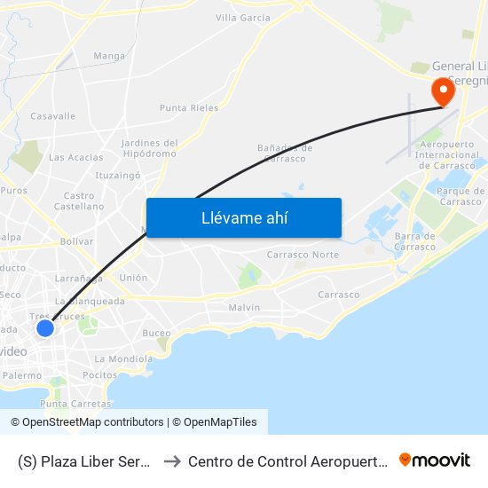(S) Plaza Liber Seregni (Daniel Muñoz) to Centro de Control Aeropuerto Internacional de Carrasco map