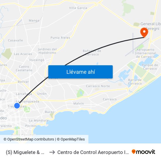 (S) Miguelete & Duvimioso Terra to Centro de Control Aeropuerto Internacional de Carrasco map