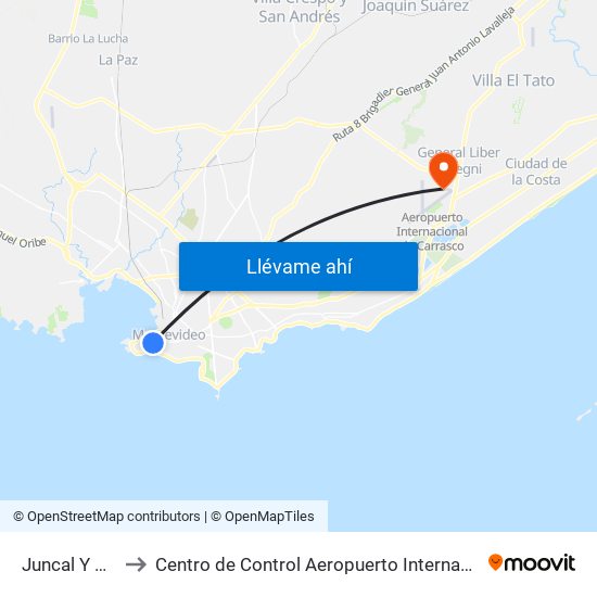 Juncal Y Sarandi to Centro de Control Aeropuerto Internacional de Carrasco map