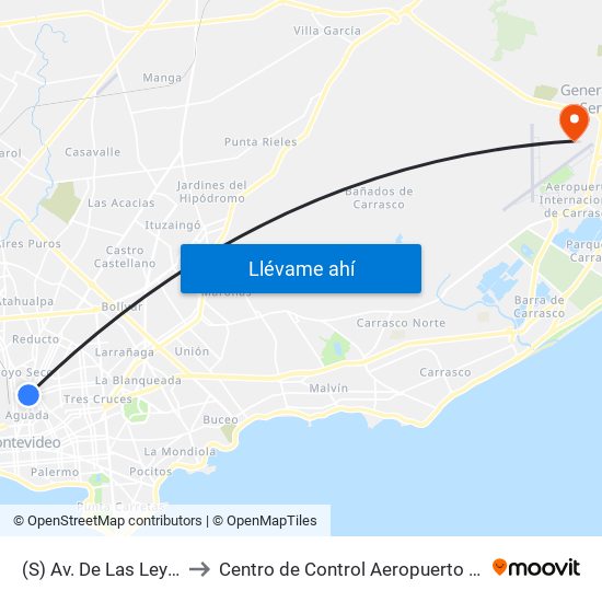 (S) Av. De Las Leyes & Guatemala to Centro de Control Aeropuerto Internacional de Carrasco map