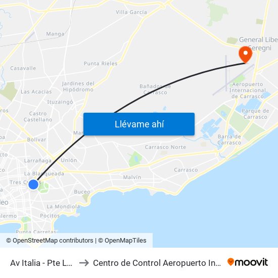 Av Italia - Pte Lorenzo Batlle to Centro de Control Aeropuerto Internacional de Carrasco map