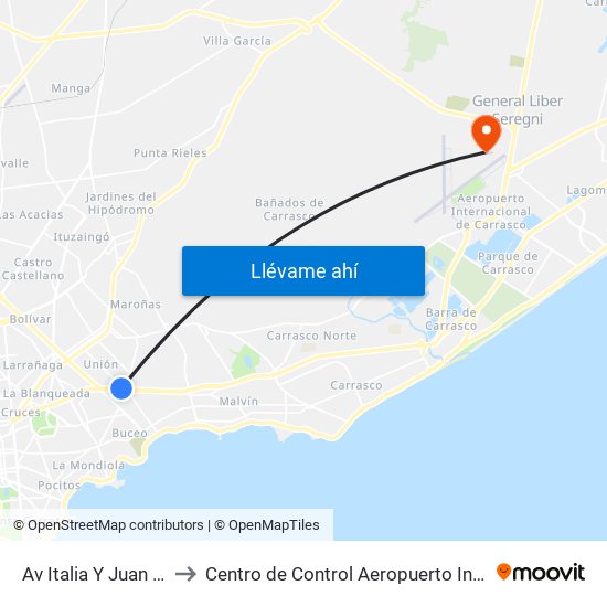 Av Italia Y Juan De Dios Peza to Centro de Control Aeropuerto Internacional de Carrasco map