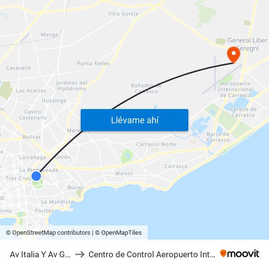 Av Italia Y Av Gral Garibaldi to Centro de Control Aeropuerto Internacional de Carrasco map