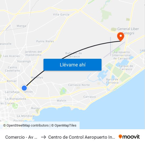 Comercio - Av 8 De Octubre to Centro de Control Aeropuerto Internacional de Carrasco map