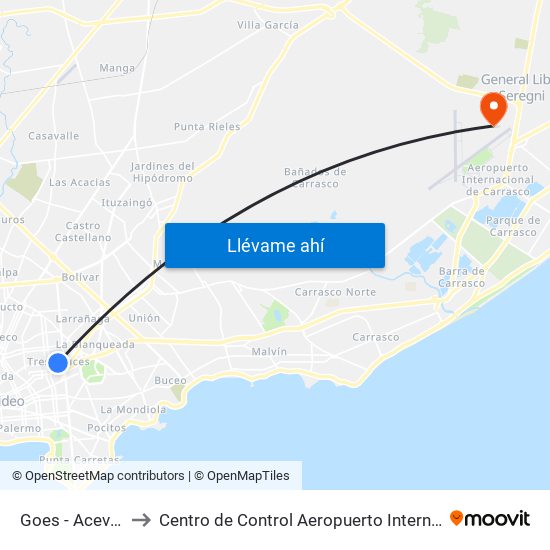 Goes - Acevedo Diaz to Centro de Control Aeropuerto Internacional de Carrasco map