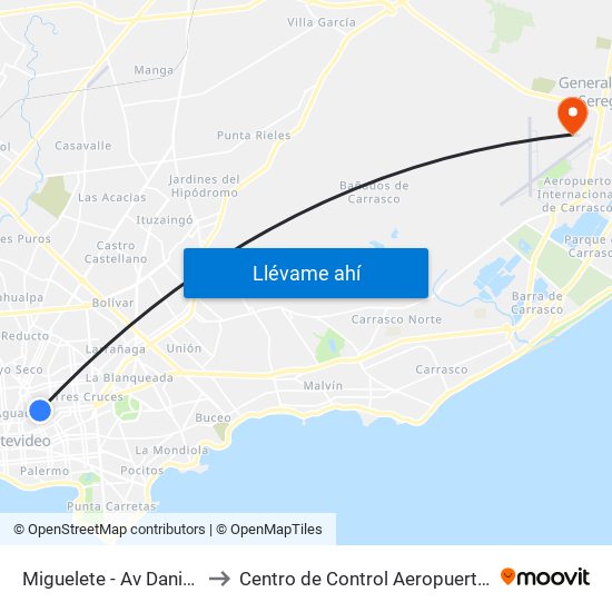 Miguelete - Av Daniel Fernandez Crespo to Centro de Control Aeropuerto Internacional de Carrasco map