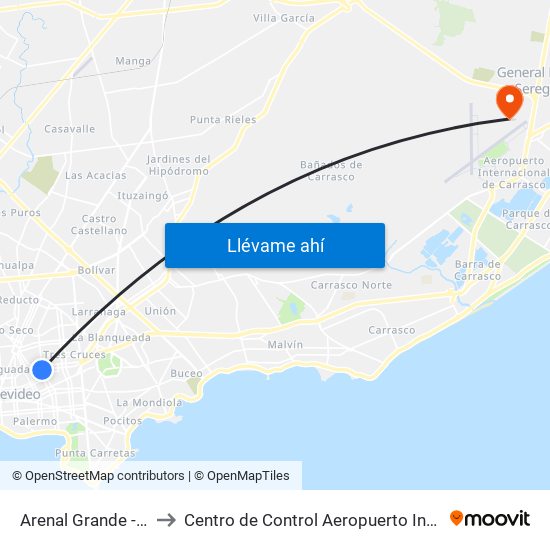 Arenal Grande - Cerro Largo to Centro de Control Aeropuerto Internacional de Carrasco map