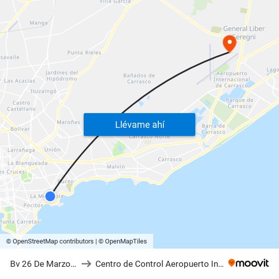 Bv 26 De Marzo Y Julio Cesar to Centro de Control Aeropuerto Internacional de Carrasco map