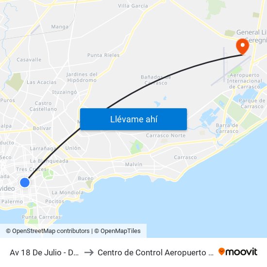 Av 18 De Julio - Dr Pablo De Maria to Centro de Control Aeropuerto Internacional de Carrasco map