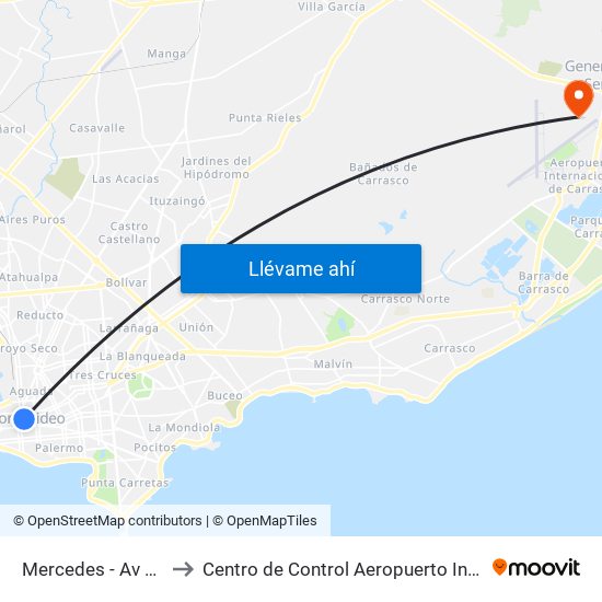 Mercedes - Av Gral Rondeau to Centro de Control Aeropuerto Internacional de Carrasco map