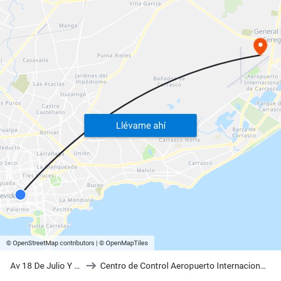 Av 18 De Julio Y Gaboto to Centro de Control Aeropuerto Internacional de Carrasco map