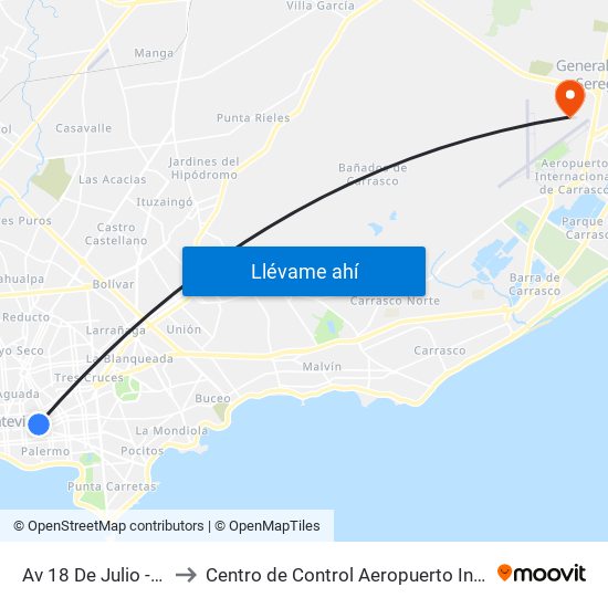 Av 18 De Julio - Tacuarembo to Centro de Control Aeropuerto Internacional de Carrasco map
