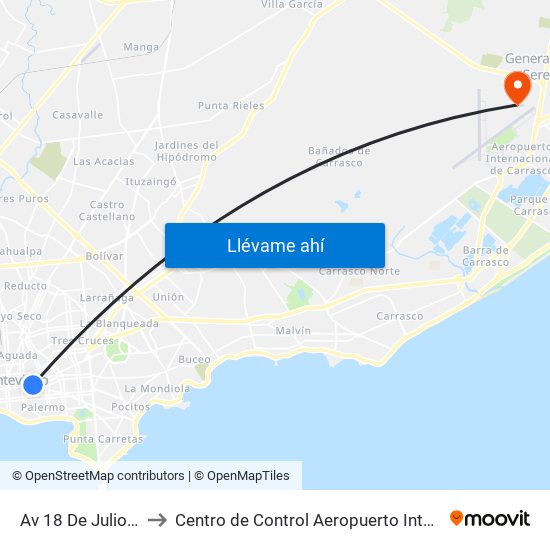 Av 18 De Julio Y Vazquez to Centro de Control Aeropuerto Internacional de Carrasco map