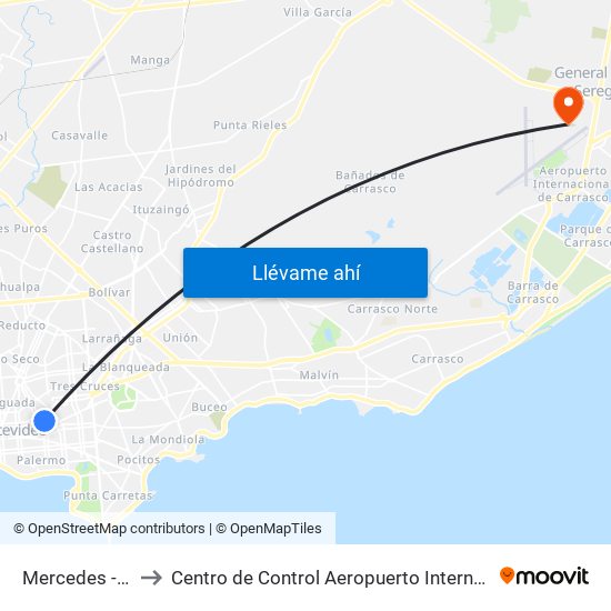 Mercedes - Gaboto to Centro de Control Aeropuerto Internacional de Carrasco map