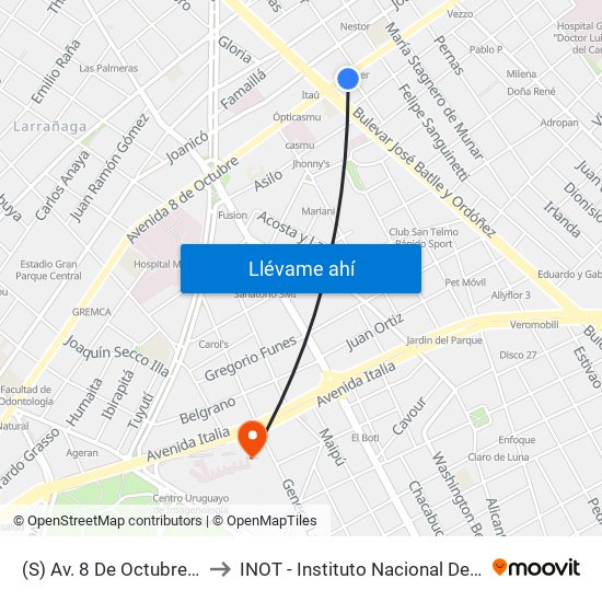 (S) Av. 8 De Octubre & Agustina Contucci to INOT - Instituto Nacional De Ortopedia Y  Traumatologia map