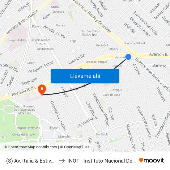 (S) Av. Italia & Estivao (Batlle Y Ordóñez) to INOT - Instituto Nacional De Ortopedia Y  Traumatologia map