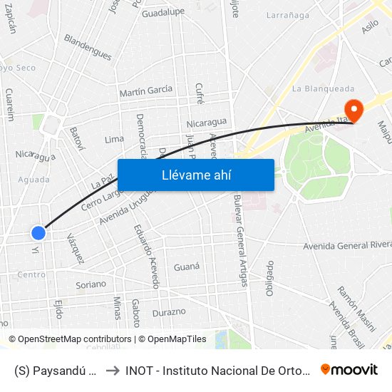 (S) Paysandú & Yaguarón to INOT - Instituto Nacional De Ortopedia Y  Traumatologia map