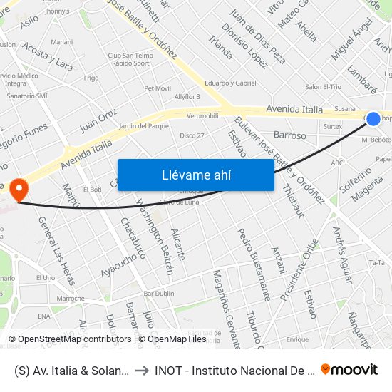 (S) Av. Italia & Solano López (Comercio) to INOT - Instituto Nacional De Ortopedia Y  Traumatologia map