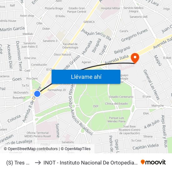 (S) Tres Cruces to INOT - Instituto Nacional De Ortopedia Y  Traumatologia map