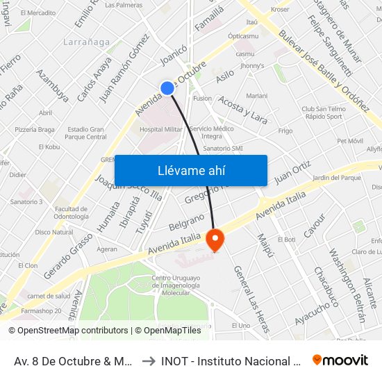 Av. 8 De Octubre & Mariano Moreno (H. Militar) to INOT - Instituto Nacional De Ortopedia Y  Traumatologia map