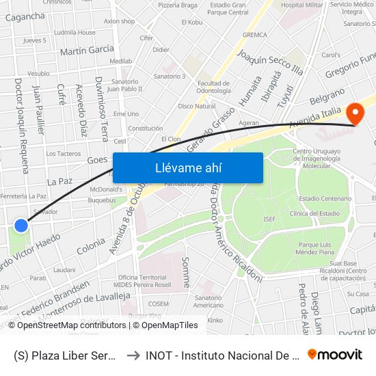 (S) Plaza Liber Seregni (Daniel Muñoz) to INOT - Instituto Nacional De Ortopedia Y  Traumatologia map