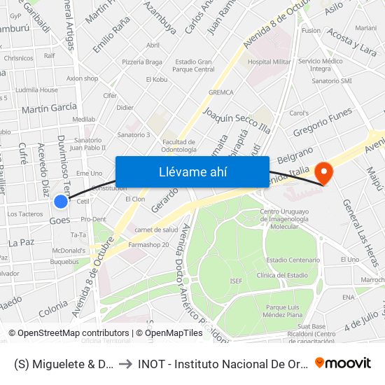 (S) Miguelete & Duvimioso Terra to INOT - Instituto Nacional De Ortopedia Y  Traumatologia map