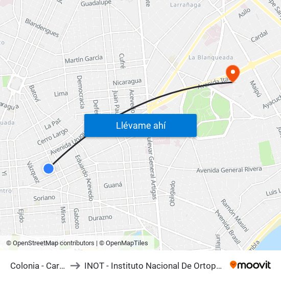 Colonia - Carlos Roxlo to INOT - Instituto Nacional De Ortopedia Y  Traumatologia map