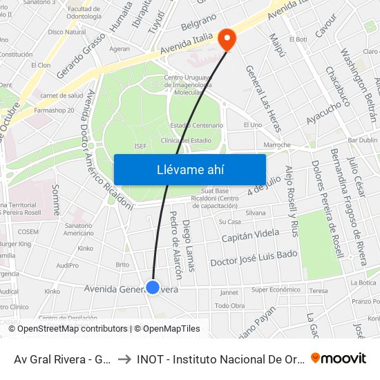 Av Gral Rivera - Gabriel A Pereira to INOT - Instituto Nacional De Ortopedia Y  Traumatologia map