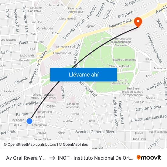 Av Gral Rivera Y Acevedo Diaz to INOT - Instituto Nacional De Ortopedia Y  Traumatologia map