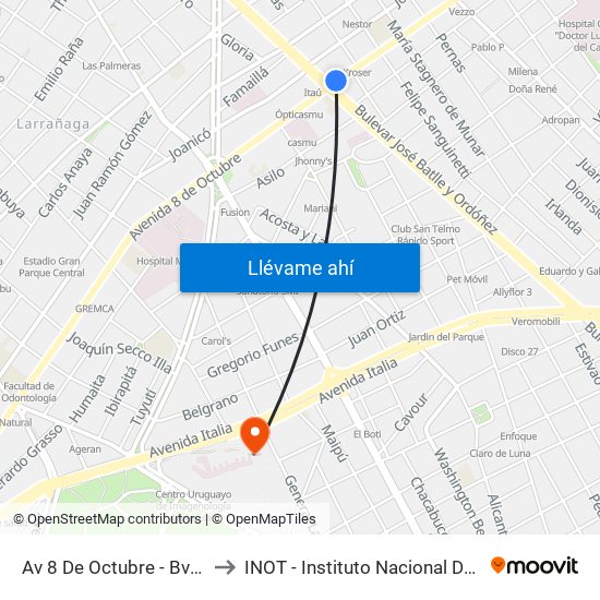 Av 8 De Octubre - Bv Jose Batlle Y Ordoñez to INOT - Instituto Nacional De Ortopedia Y  Traumatologia map