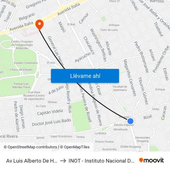 Av Luis Alberto De Herrera - Av Gral Rivera to INOT - Instituto Nacional De Ortopedia Y  Traumatologia map