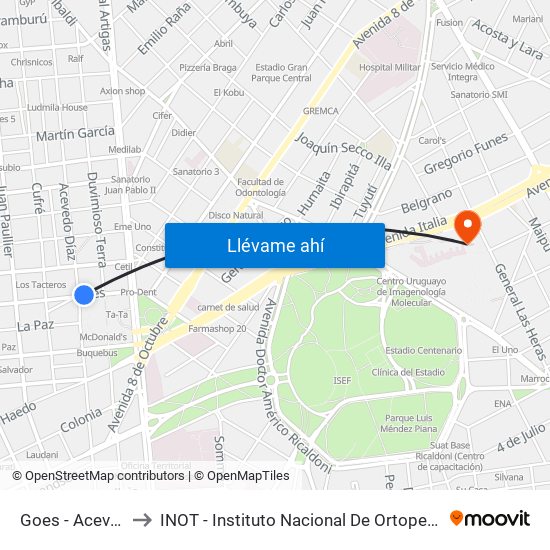 Goes - Acevedo Diaz to INOT - Instituto Nacional De Ortopedia Y  Traumatologia map