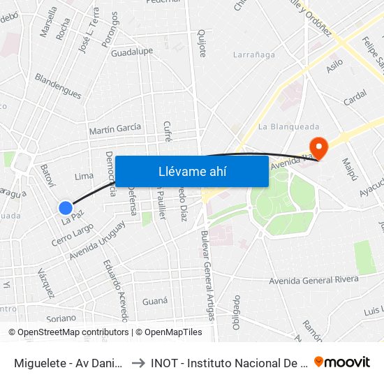 Miguelete - Av Daniel Fernandez Crespo to INOT - Instituto Nacional De Ortopedia Y  Traumatologia map